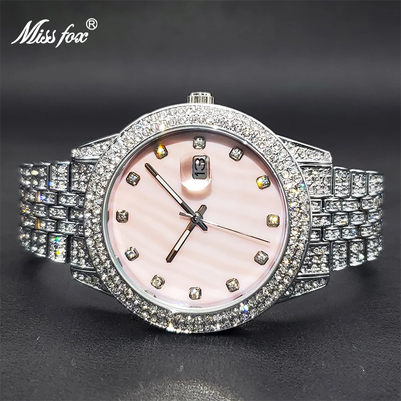 Relogio Feminino MISSFOX Elegant Diamond Bling Pink Watch For Women Geneva Luxury Unique Pearl Dial Dress Watches Dropshipping