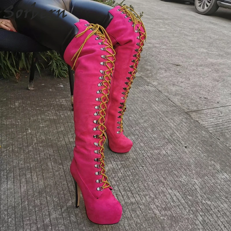 Sorbern Fuchsia Over The Knee Boots Custom Legs High Heel Platform Shoes Winter Style Boot Lace Up Real Images Multi Colors