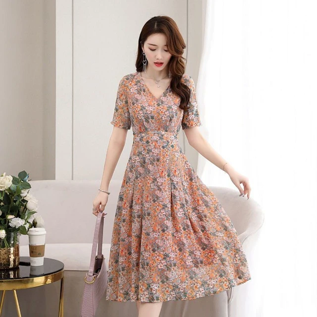 Kad n yaz yeni zarif ifon over the diz Midi elbise kad n elbiseler Vestido De Mujer Femme Robe AliExpress