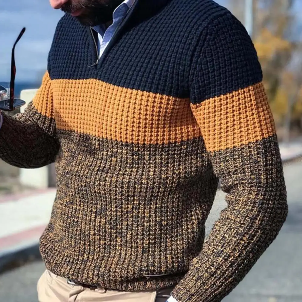 Men's Sweater Color Block Knitted Autumn Winter Straight Sweater Jumper Long Sleeve Warm  Casual Loose Pullover Top