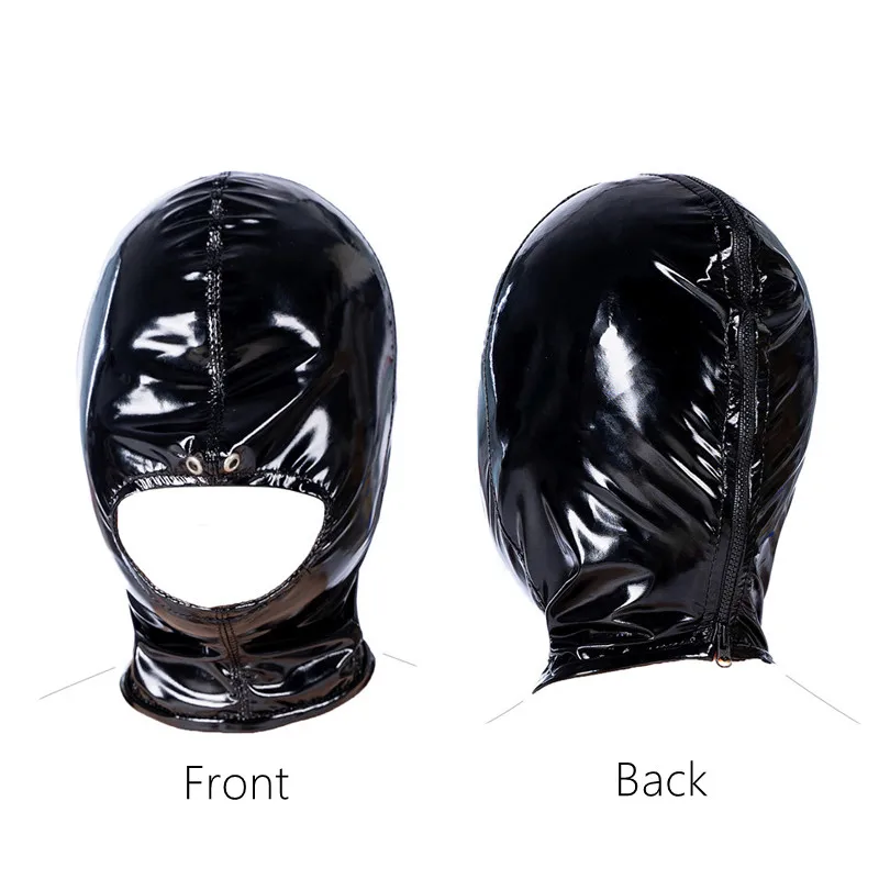 Sexy Black Wetlook Sex Bondage Mask Hood with Lockable Plush Erotic Gloves Handcuffs for Couples Fetish Slave BDSM Adult Games