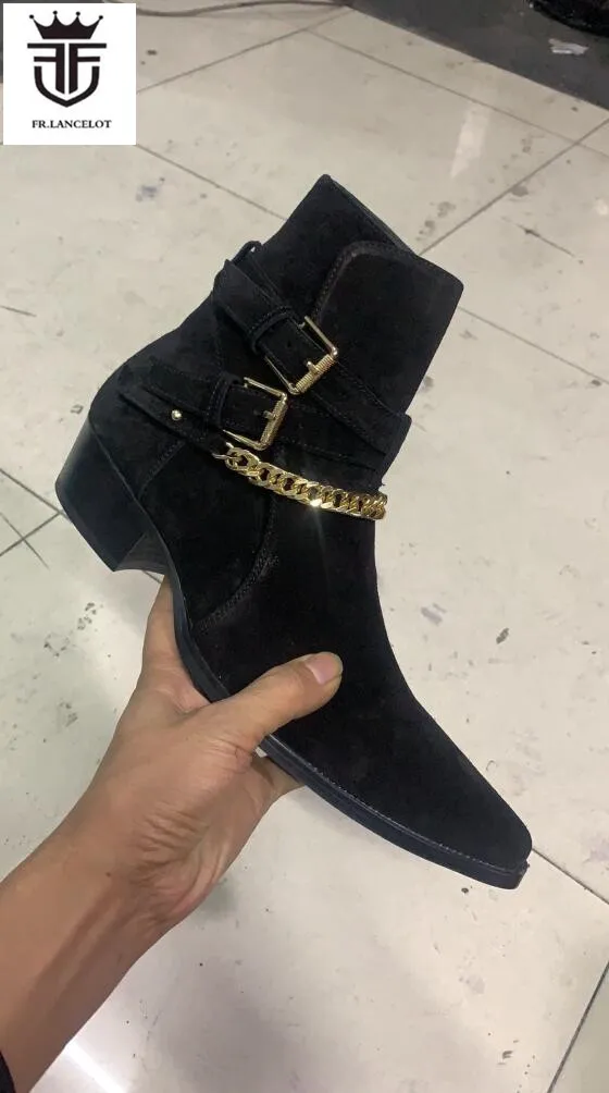 Fashion gold chains men botas black suede boots slip on ankle booties male party shoes real leather double buckle men boots