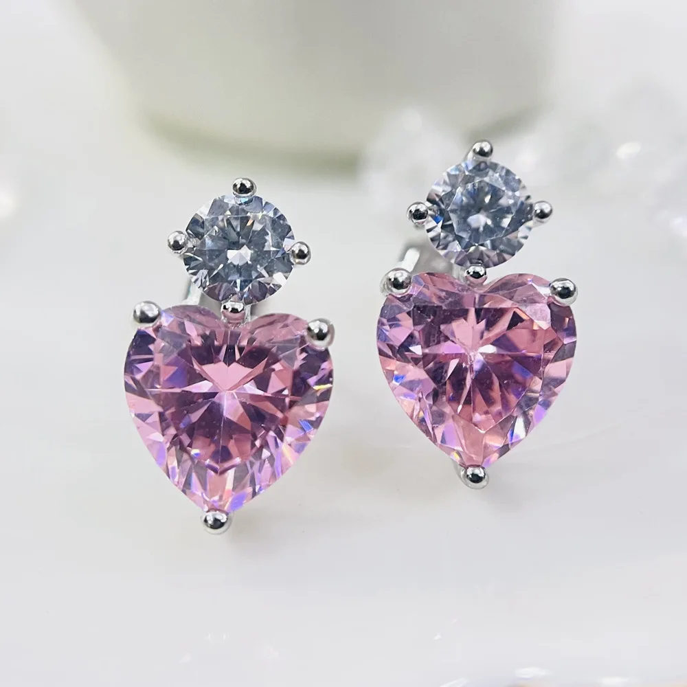 925 Sterling Silver Stud Earrings for Women Pink Heart Diamond Gemstone Earrings Romantic Wedding Engagement Gift Fine Jewelry