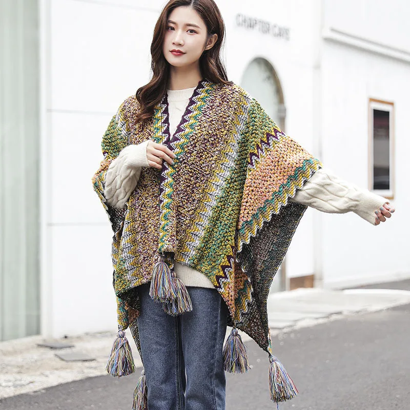 Ethnic Poncho New Style Brand Winter Tassel Scarf Hanging Ball Knitted Shawl For Women Foulard Pashmina