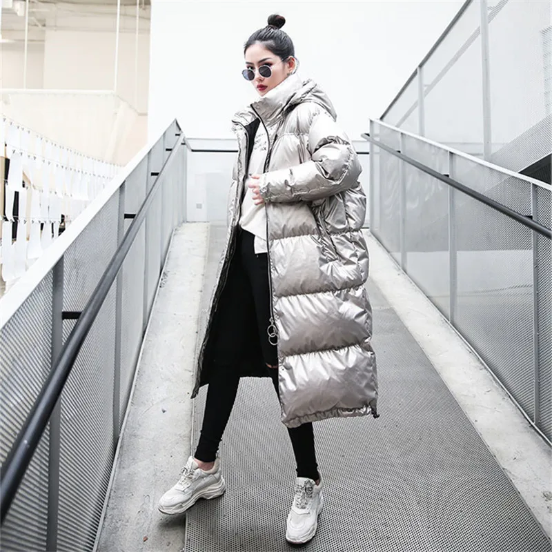 Korean Winter Long Down Cotton Jacket Women Fashion Glossy Silver Hooded Coat 2020 Plus size Loose Thin Warm Parkas Mujer Female