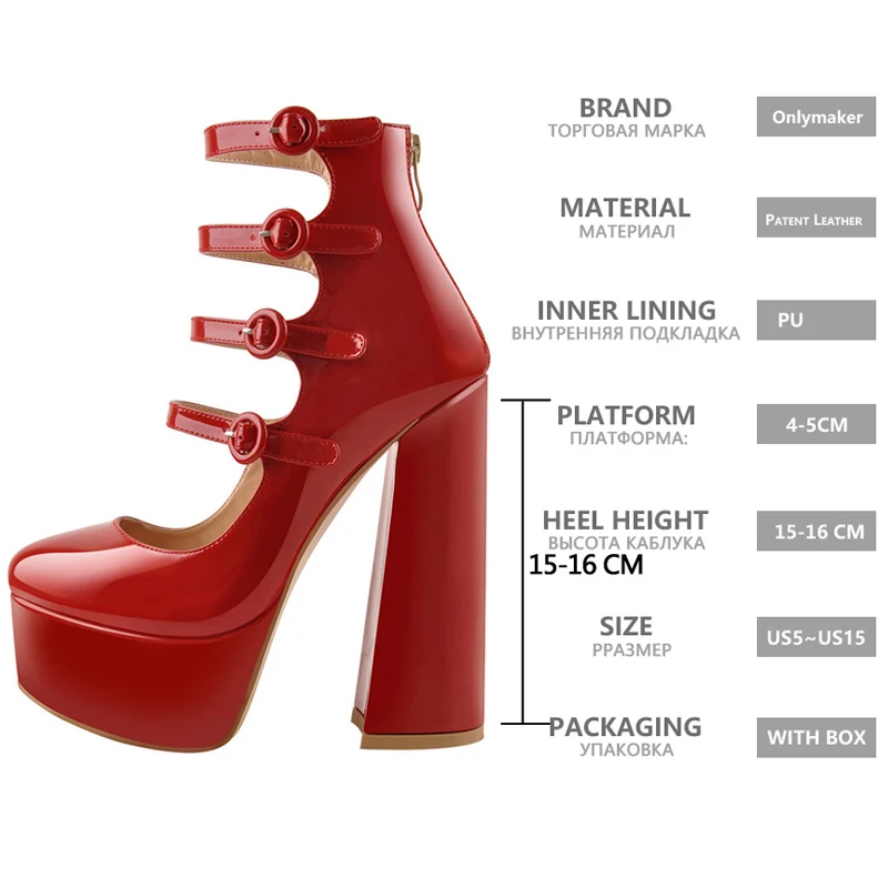 Onlymaker Women Platform Round Toe Chunky Square Heels Ankle Wrap Sandals Red And Nude Party Buckle Strap Shoes