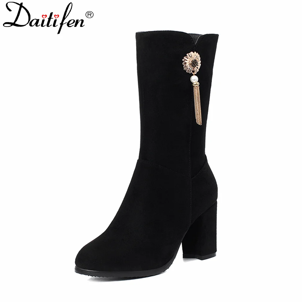 

Daitifen Knees High Boots Ladies Fashion Leather Velvet Women's Boots Round Toe Metal Fasteners Winter Boots Thick High Heels