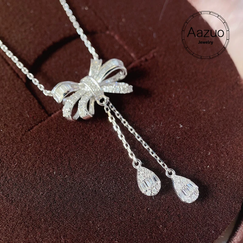 

Aazuo 18K White Gold Real Diamonds 0.30ct Fairy Bowknot WaterDrop Chain Necklace Gifted for Women Wedding Link Chain Au750