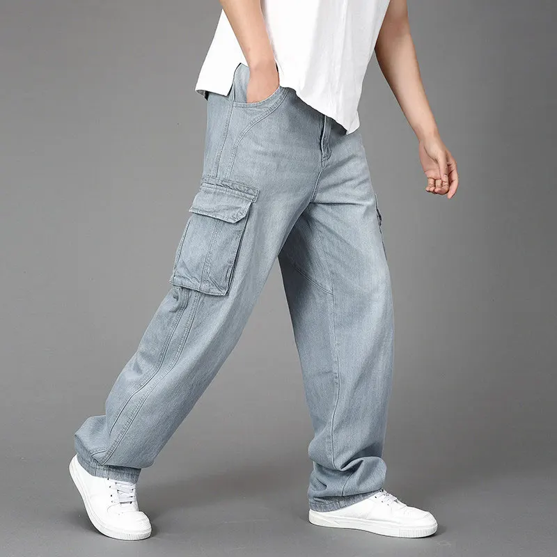 Jeans Men's Large Size Baggy Straight With Side Pockets Gray Hip Hop Skateboard Denim Trousers Loose Wide Leg Pants Size 30-46
