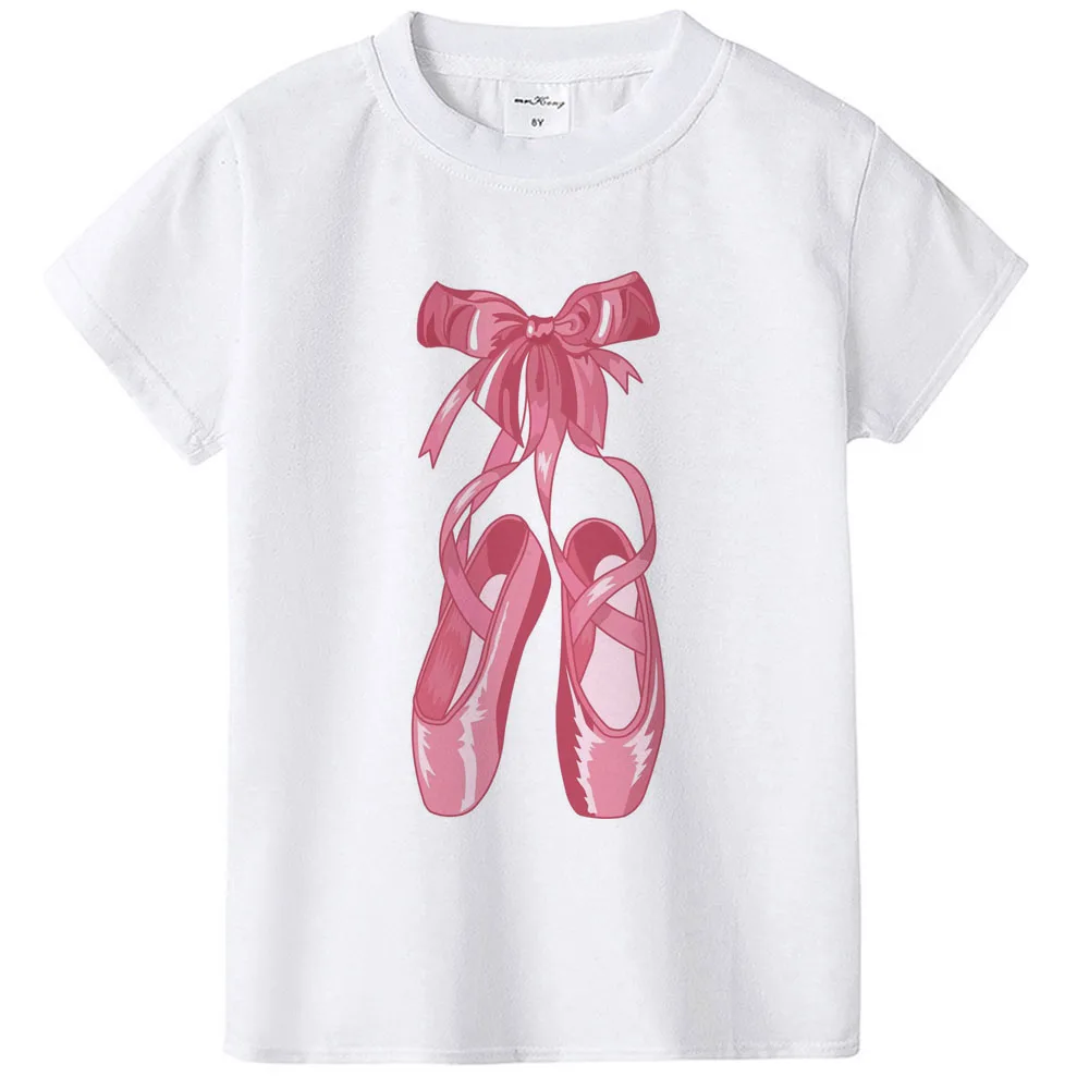Ładne buty baletowe Bowknot drukuj dziewczyny T Shirt Harajuku luźna koszulka dla dziewczynki 2-12 lat ubrania dla dzieci dziecko topy z krótkim rękawem — zdjęcie 5