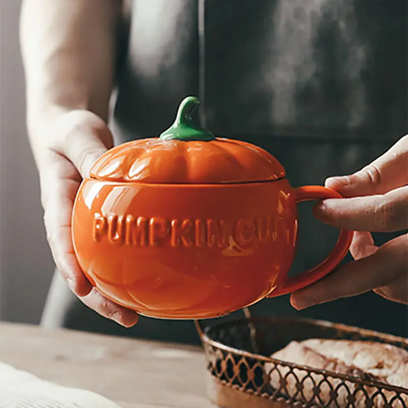 

Pumpkin Mug Halloween Decoration Cartoon Cute Ceramic Pumpkin Bowl with Lid Dessert Soup Cup Oatmeal Cup Water Cup Coffee Mug