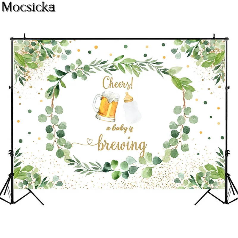 Cheers Beer Photography Backdrop A Baby Is Brewing Green Leaf Newborn Birthday Party Decor Supplies Baby Shower Photo Background