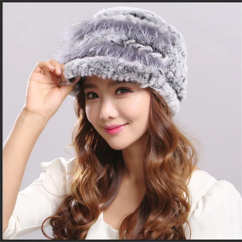 Real Rex Rabbit Fur Hat Autumn Winter Women Baseball Cap with Brim Female Fashion Knitted Warm