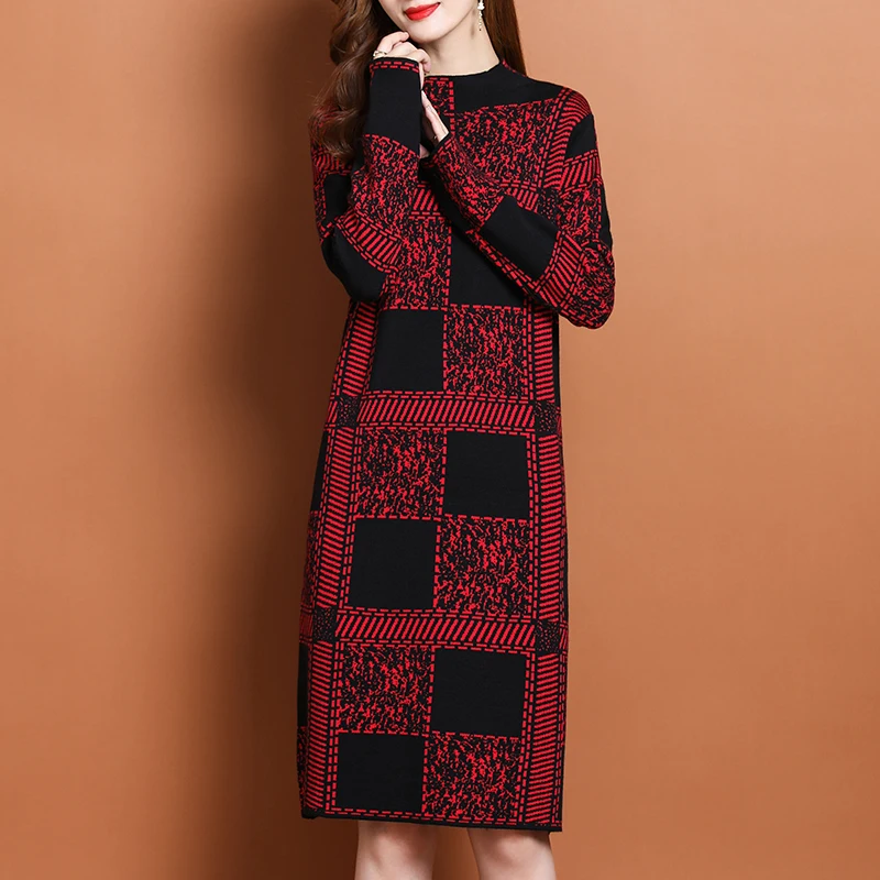 Women Knitted Cotton Thick Warm Top Sweater Autumn Winter Elegant Bodycon Midi Dress 2024 Red Plaid Korean Vintage Coat Sweater