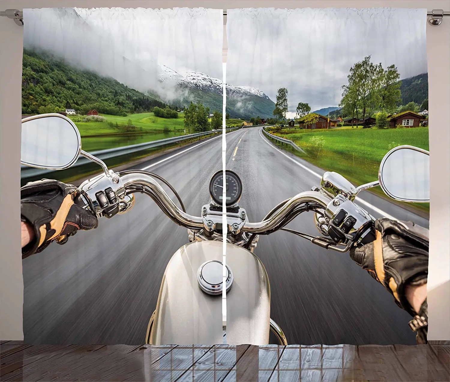 Man Cave Curtains for Living Room Biker Rides Motorcycle on The Highway Lifestyle Speed Adventure Foggy Rural Area Window Drapes