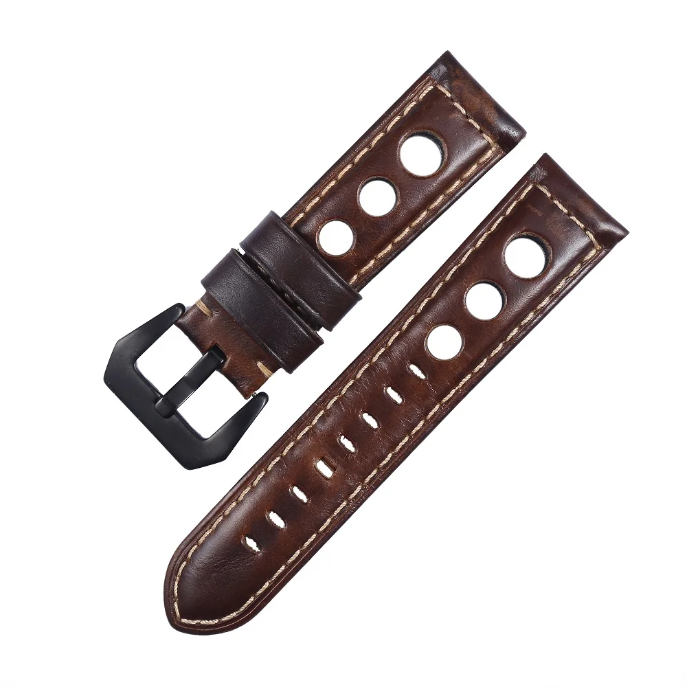 Genuine Leather Watch Strap Vintage Brown Black 20mm 22mm 24mm Watch Belt For Man Three Holes Breathable Soft Watch Band Leather