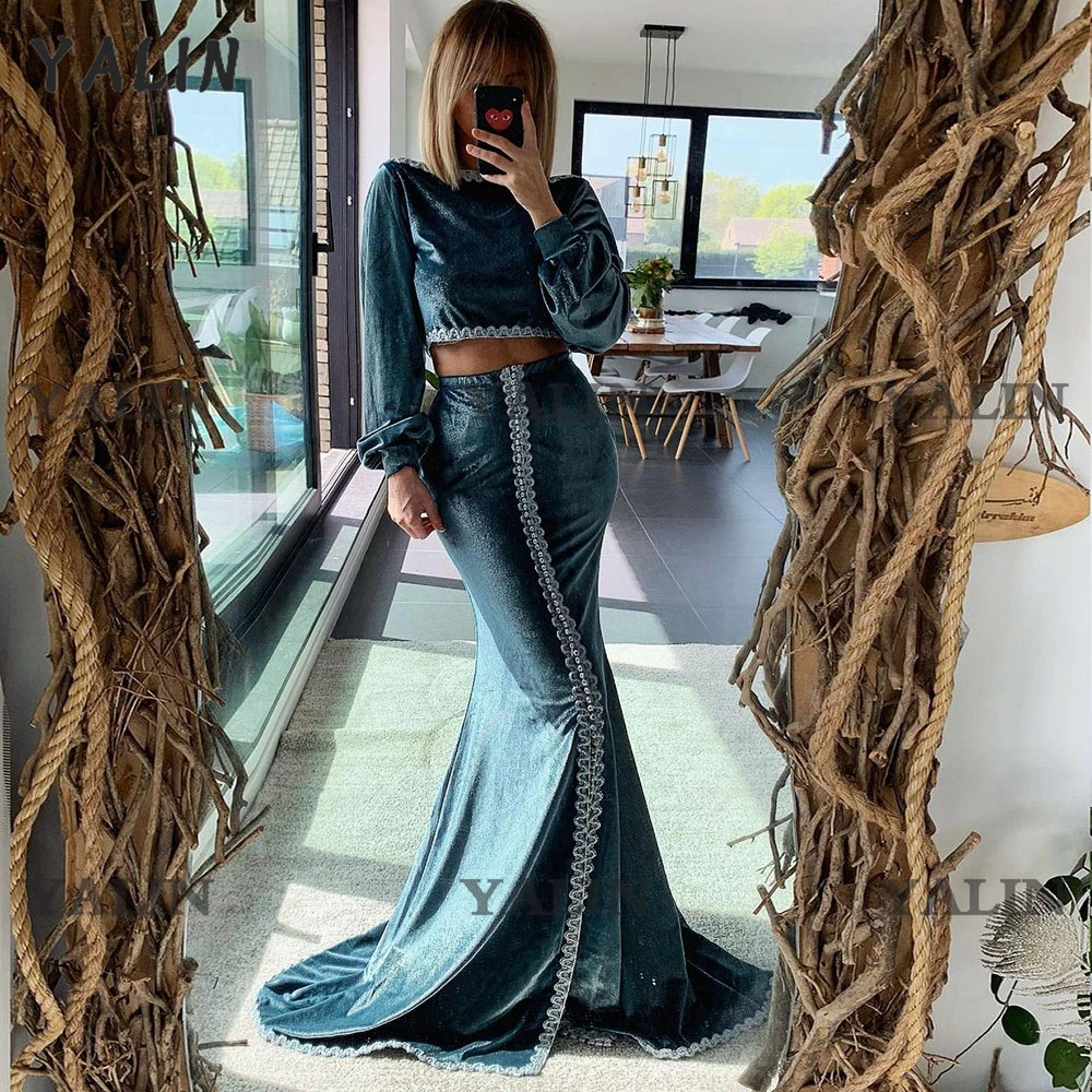 YALIN Velour Mermaid Caftan Gaun Malam Dua Potong Setelan Arab Saudi Gaun Pesta Formal Gaun Renda Lengan Panjang