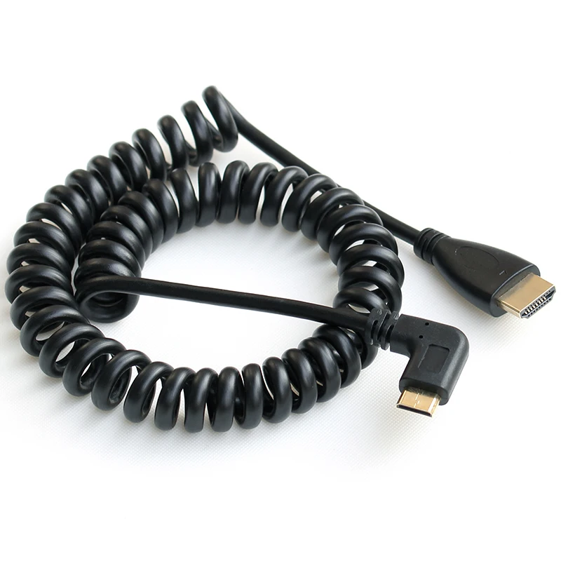 elbow Spring Coiled C Type Mini HD-compatible Cable Right Left Angled Mini HD Male to A HD Male Stretch  Cable 50cm 130cm