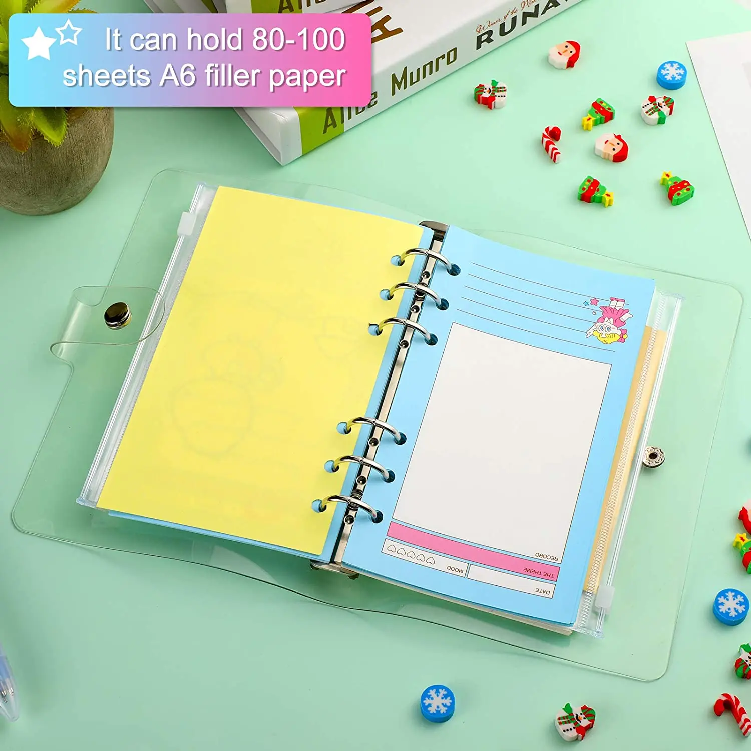 A6 Soft PVC 6-Ring Binder Cover with Glitter Clear Transparent PVC Notebook Cover Protector with Snap Button Loose Leaf binder