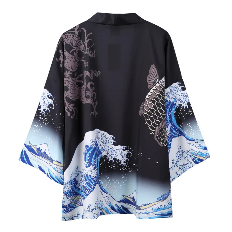 Beach Yukata Black Kimono Cardigan Women Men Japanese Obi Men's Haori Japanese Wave Carp Print Coat Traditional Japan Clothing