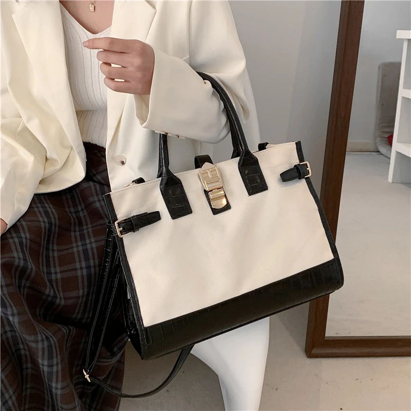 Big Patchwork Canvas Tote Bags For Women Simple Large Capacity Work Ladies Handbags Shopper Travel Female Shoulder Bags