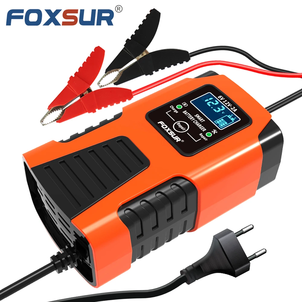 Foxsur Car Battery Charger 12V Fully Automatic Smart Motorcycle Trucks RVs SUV Yach AGM SLA WET GEL VRLA Lead Acid LCD Display