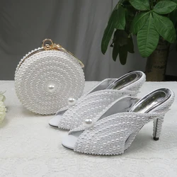 BaoYaFang 9cm White Pearl women wedding shoes And Bags Bride High heels shoes ladies party dress shoes woman Open Toe Slingbacks