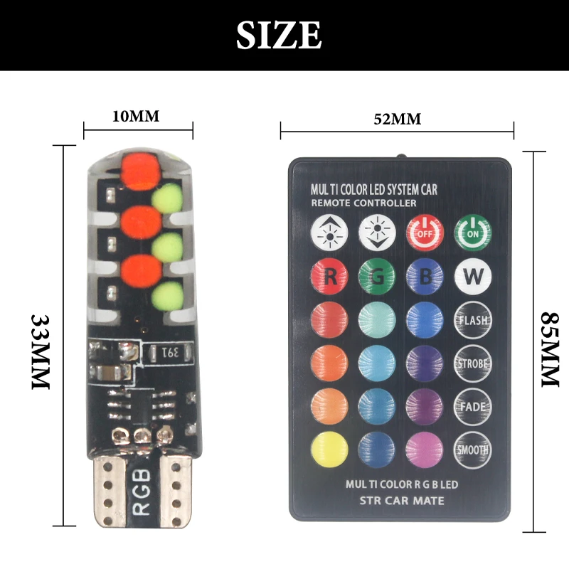 RXZ T10 RGB W5W LED RGB COB 194 168 Colorful Multi-Mode Auto Side Light Bulbs with Remote Controller With Remote Controller