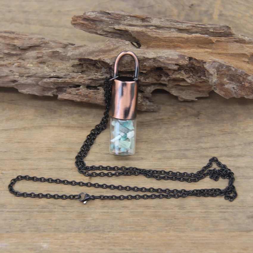 Essential Oil Roller Vial Pendant Necklace Antique Copper Gems Crystal Chip Perfume Bottle Charms Aromatherapy Jewelry QC1007