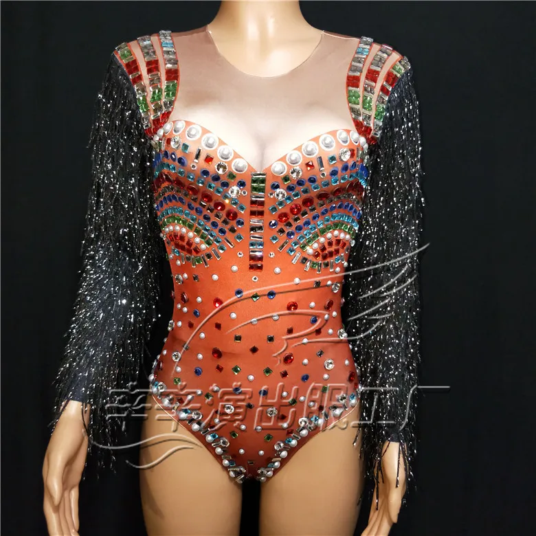 

Women Glitter Colorful Rhinestones Fringe Sexy Bodysuit Nightclub Bar DJ Singer Stage Wear Jazz Dance Team Performance Costume