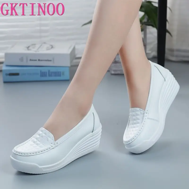 GKTINOO New Women\'s Genuine Leather Sneakers Platform Shoes Wedges White Lady Casual Shoes Swing mother Shoes Size 34-40