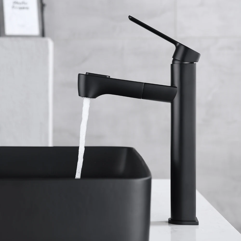 2020 New Brass Matte Black Bathroom Faucet Deck-Mounted Single-Hole Pull out Lavatory Faucet Hot And Cold Mixer Tap B3389