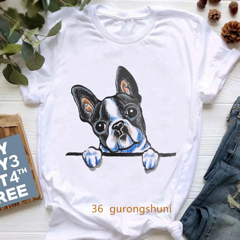 Curious Boston Terrier Graphic Print Women Tshirts Summer Fashion Short Sleeve Dog Lover T-Shirt Femme Harajuku Shirt Streetwear