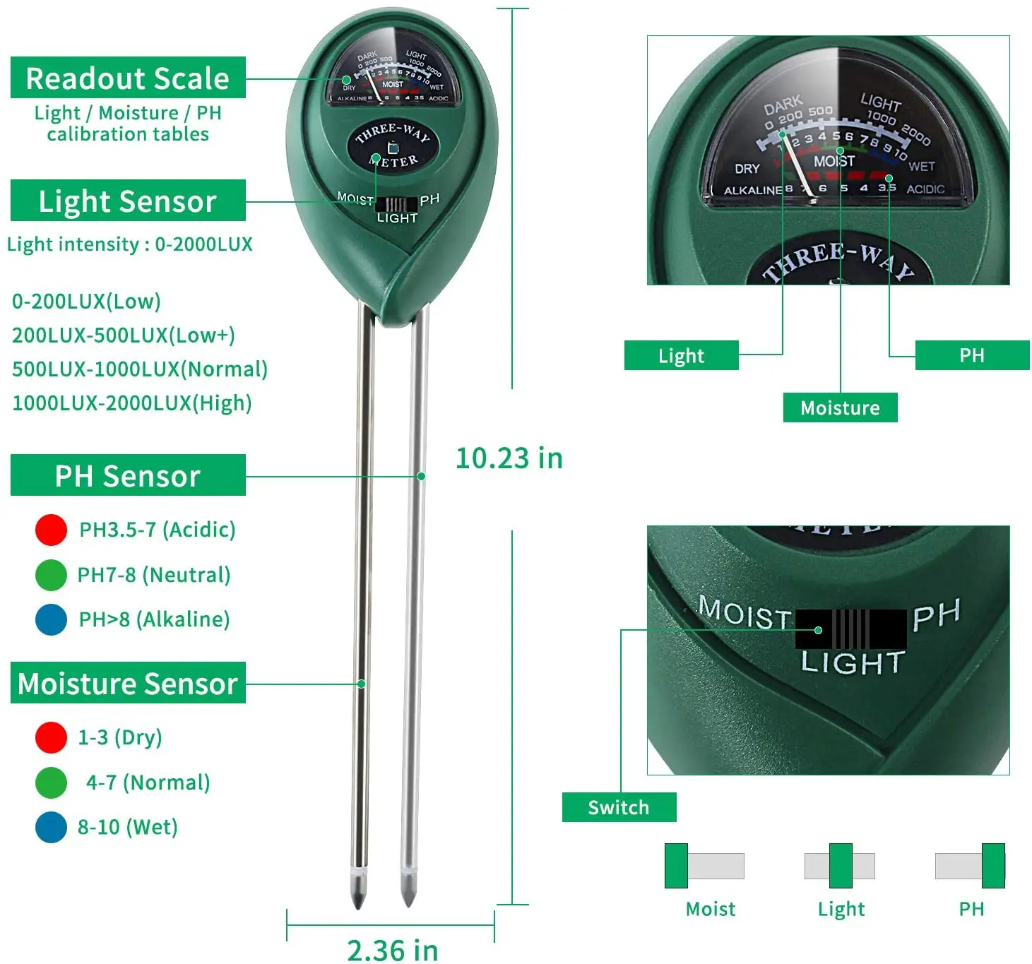 3 في 1 PH التربة متر أشعة الشمس مختبر بي اتش حديقة الزهور مستشعر رطوبة التربة متر النباتات الحموضة الرطوبة PH رصد الكاشف