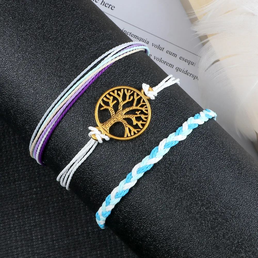 Adjustable 3pcs/set Blue Bracelet Bohemian Waves Life Tree OM Yoga String Braceelets Charm Woven Bangles Friendship Gift Jewelry