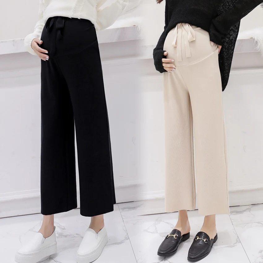 

2019 new autumn maternity pants knit wide leg wild wear loose straight pregnant women stomach lift pants