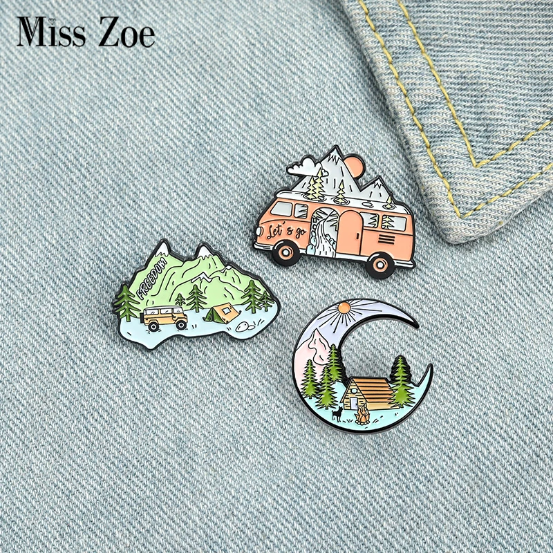 Go Camping Enamel Pins Custom Mountain Moon Tent Motorhome Brooches Shirt Lapel Badge Bag Outdoors Jewelry Gift for Kids Friends