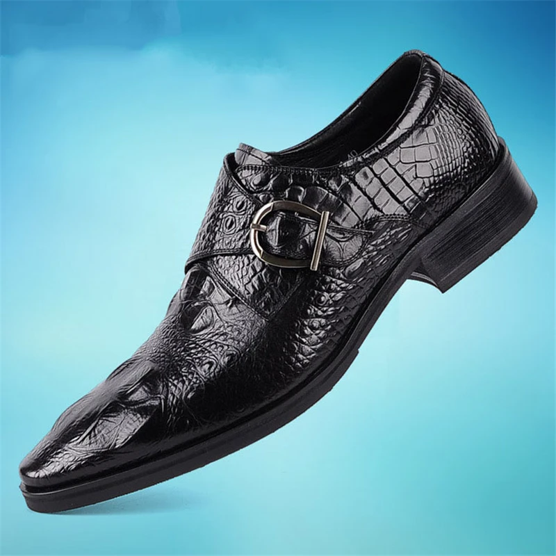 Fashion Men\'s Crocodile Grain Leather Dress Shoes Man Casual Pointed Toe Oxfords Mens Lace-Up Business Office Oxford Shoes