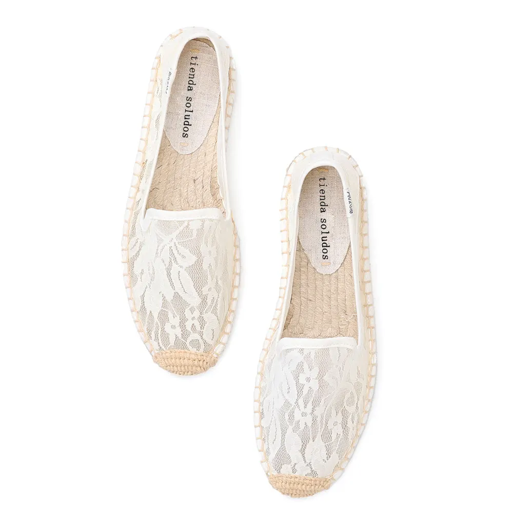 Espadrilles à enfiler pour femmes, chaussures plates, dentelle tissée à la main, chaussures à la mode, printemps et été