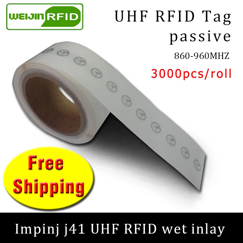 

UHF RFID tag sticker Impinj J41 EPC6C wet inlay 915mhz868mhz860-960MHZ 3000pcs free shipping adhesive passive RFID label