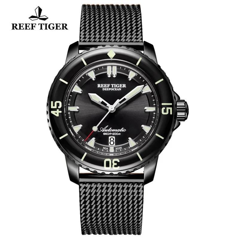 Reef Tiger/RT Brand Luxury Automatic Dive Men Watch All Black Super Luminous 200M Waterproof Sport Mechanical Watch