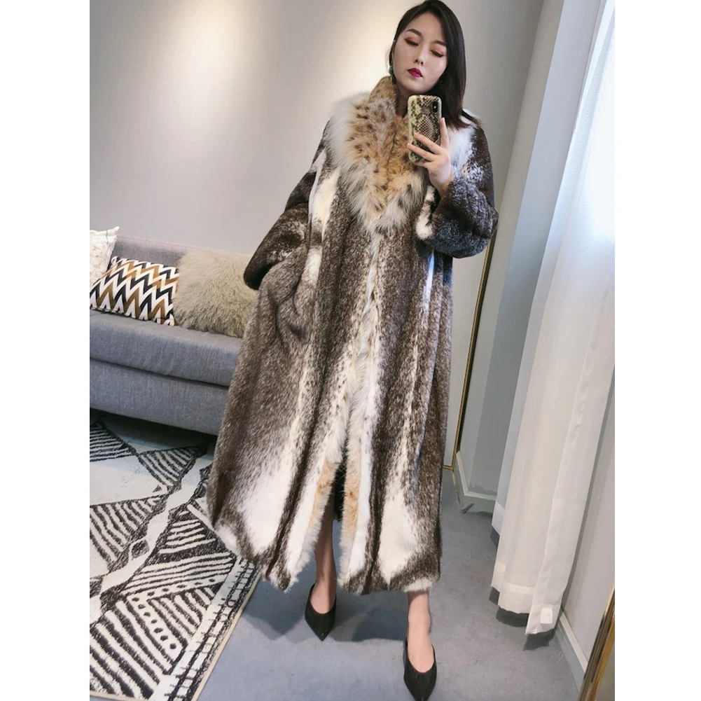 2019 ใหม่นำเข้าสตรี Mink Fur Coat กับ Bobcat ขนสัตว์ขนาดใหญ่แฟชั่นคอยาวเสื้อขนสัตว์สตรีเสื้อ