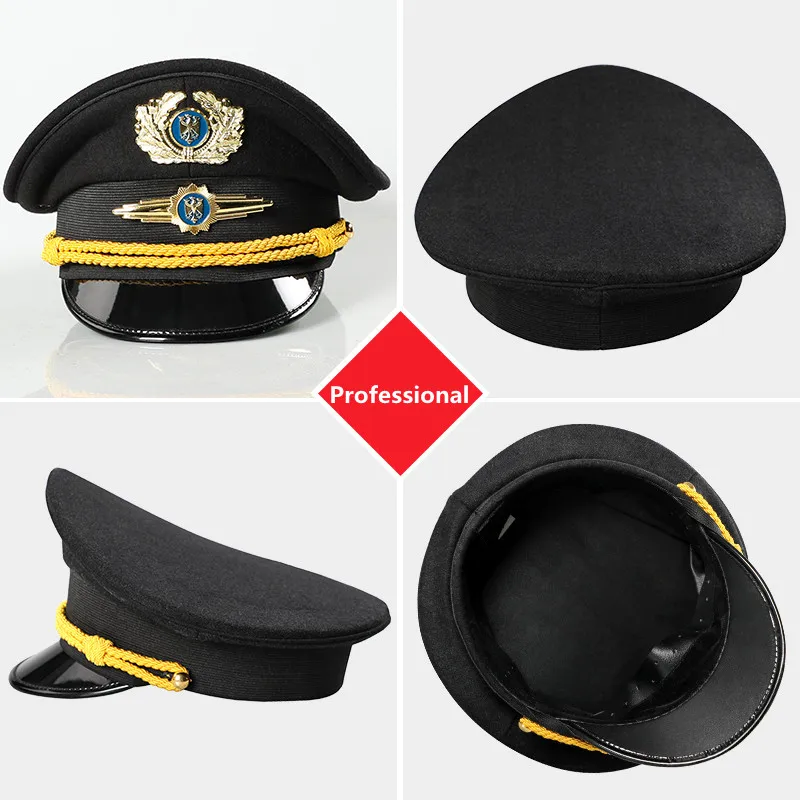 Autumn Winter Hotel Security Guard Aviation Captain Wool Big Brimmed Hat Double Badges Security Accessories Pilot Caps