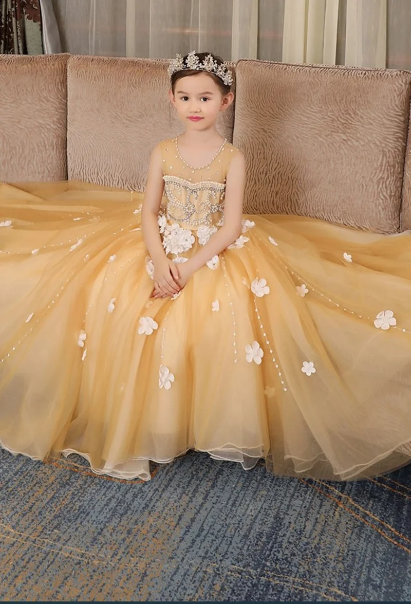 Yellowe Bloem Meisjes Jurken Voor Bruiloft Tulle Bead Lange Meisje Dress Party Kerst Jurk Kinderen Prinses Kostuum Voor Kinderen 12T