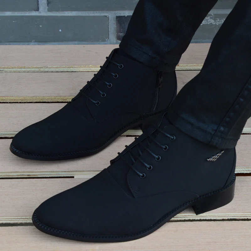 Autumn Winter Men Boots Breathable Pointed Toe Business Leather Boots Fashion Canvas High-Top Men Shoes Casual Zapatos Hombre