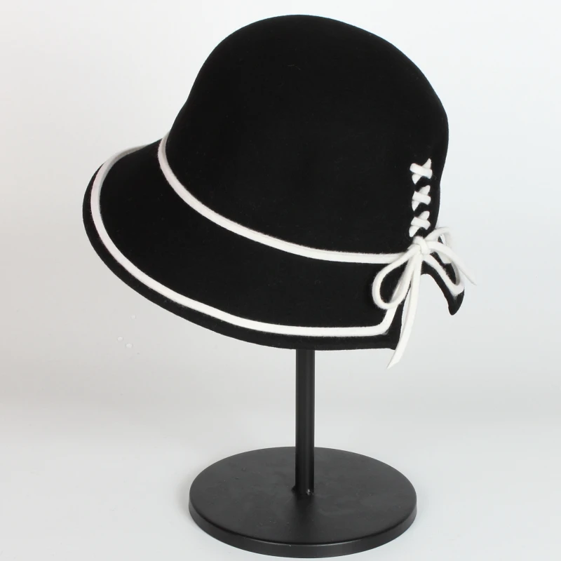 European and American Vintage basin Caps choking mouth 100% wool threading dome felt hat fisherman Bucket  hat