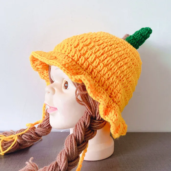 Cute Apple Shape Baby Girl Bucket Hat Hair Pigtail Braid Wig Cap Winter Warm Knitted Children Kids Girls Hats Caps Accessories