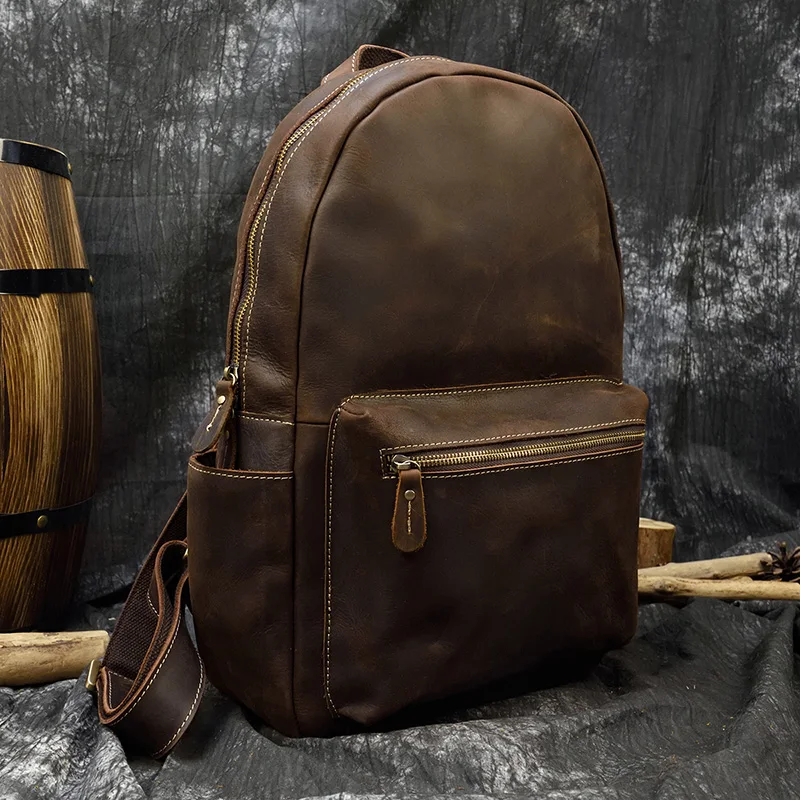 Luufan Men Genuine Leather Backpack Retro Unisex Full Grain Leather Rucksack Crazy Horse Leather Casual Daypack Dark Brown