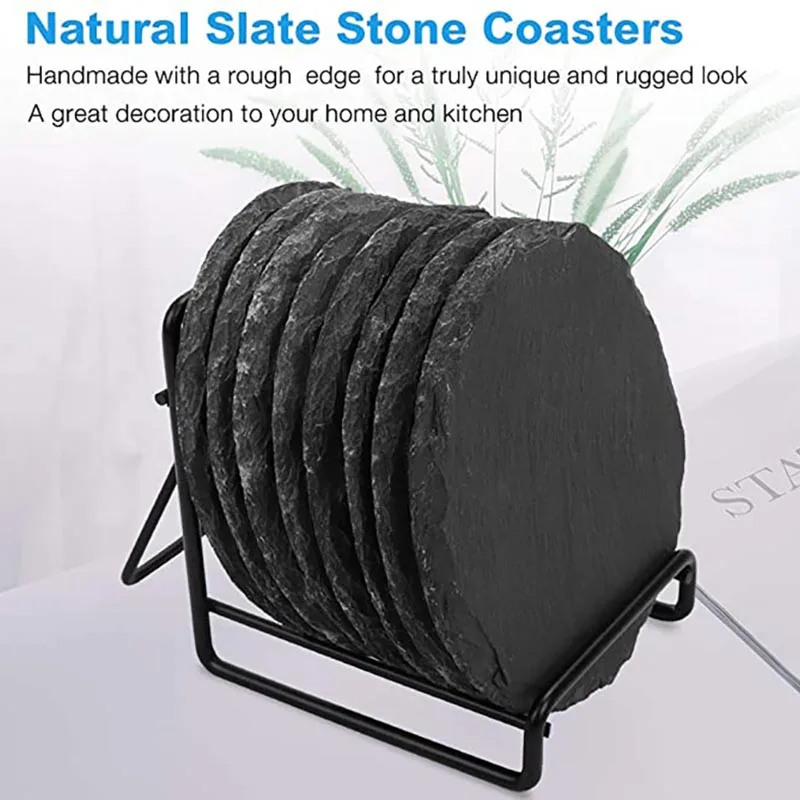 YMEEI Round Natural Black Stone Slate Western Steak Plates Slate Dinner Plate Kitchen Cheese Pizza For Home Food