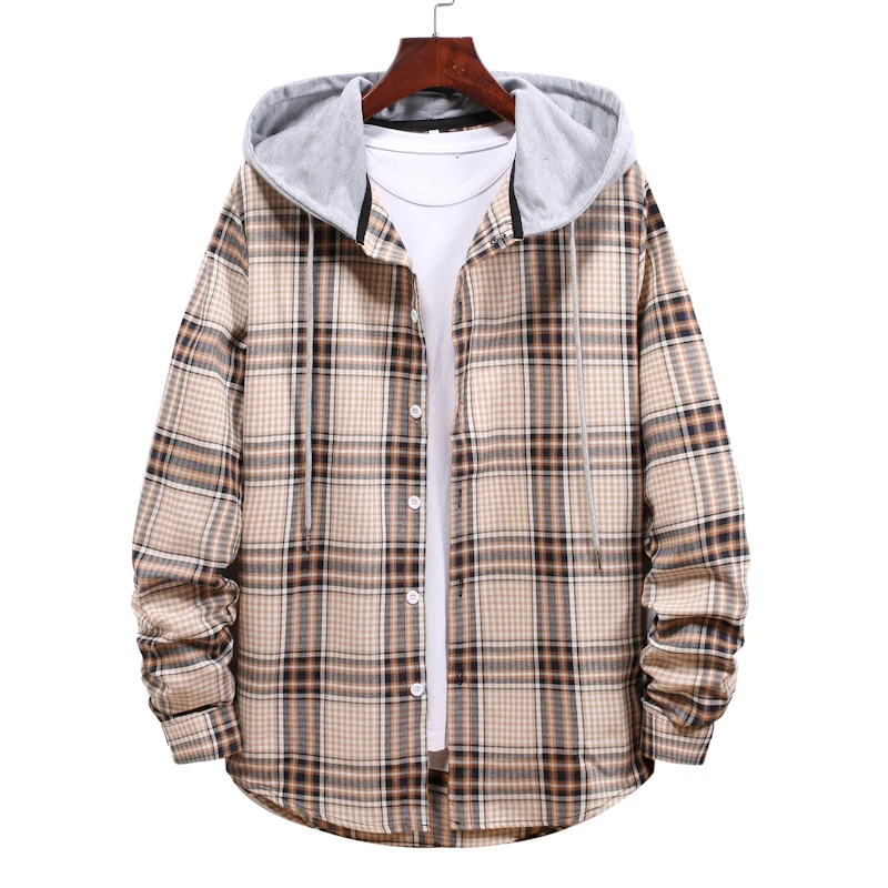 Korean Streetwear Hooded Oversize Shirts Men Women Casual Plaid Printed Long Sleeve Shirt Fashion Hip Hop Workwear Chemise Homme
